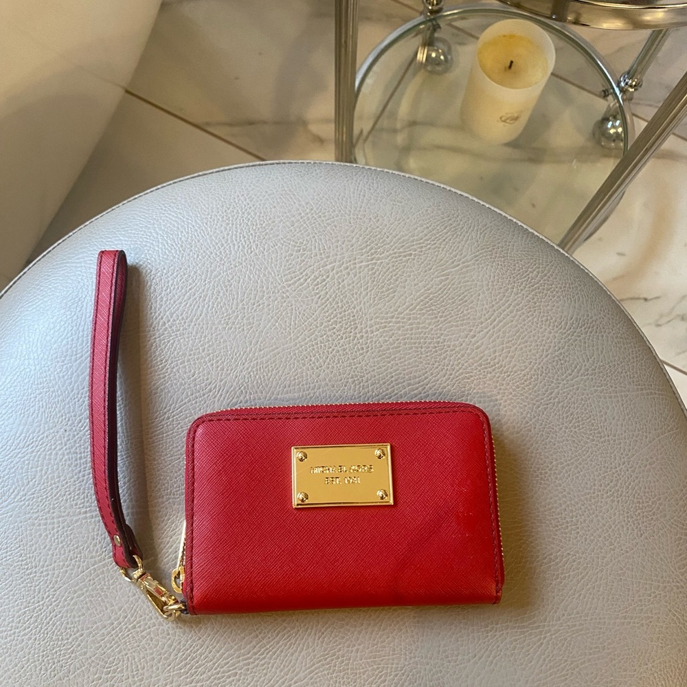 Michael Kors Red Saffiano Leather Zip Around Wallet/Wristlet